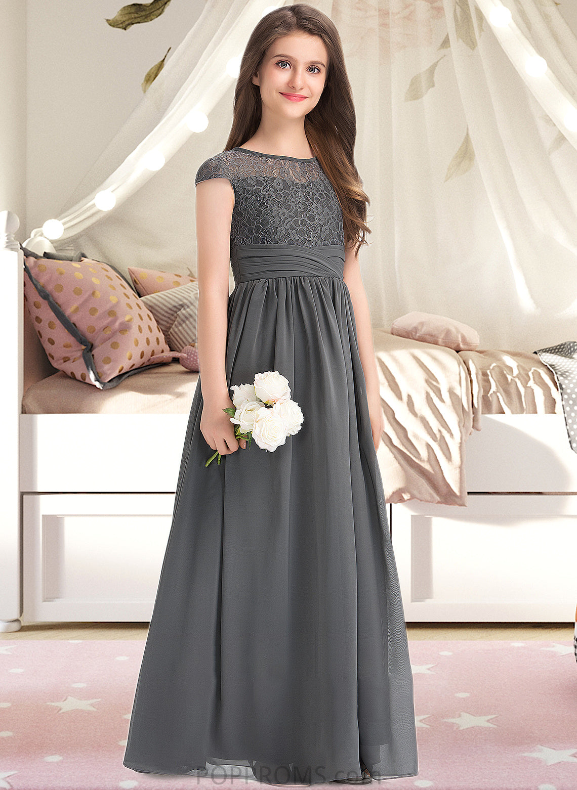 Araceli A-Line Scoop Neck Floor-Length Chiffon Lace Junior Bridesmaid Dress With Ruffle PP6P0013331