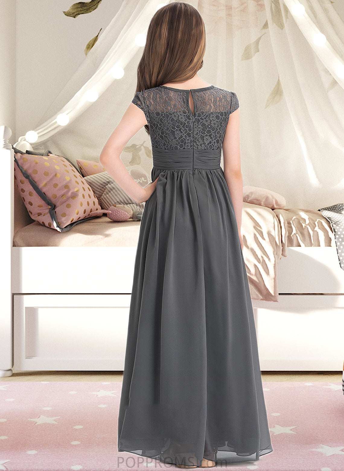 Araceli A-Line Scoop Neck Floor-Length Chiffon Lace Junior Bridesmaid Dress With Ruffle PP6P0013331