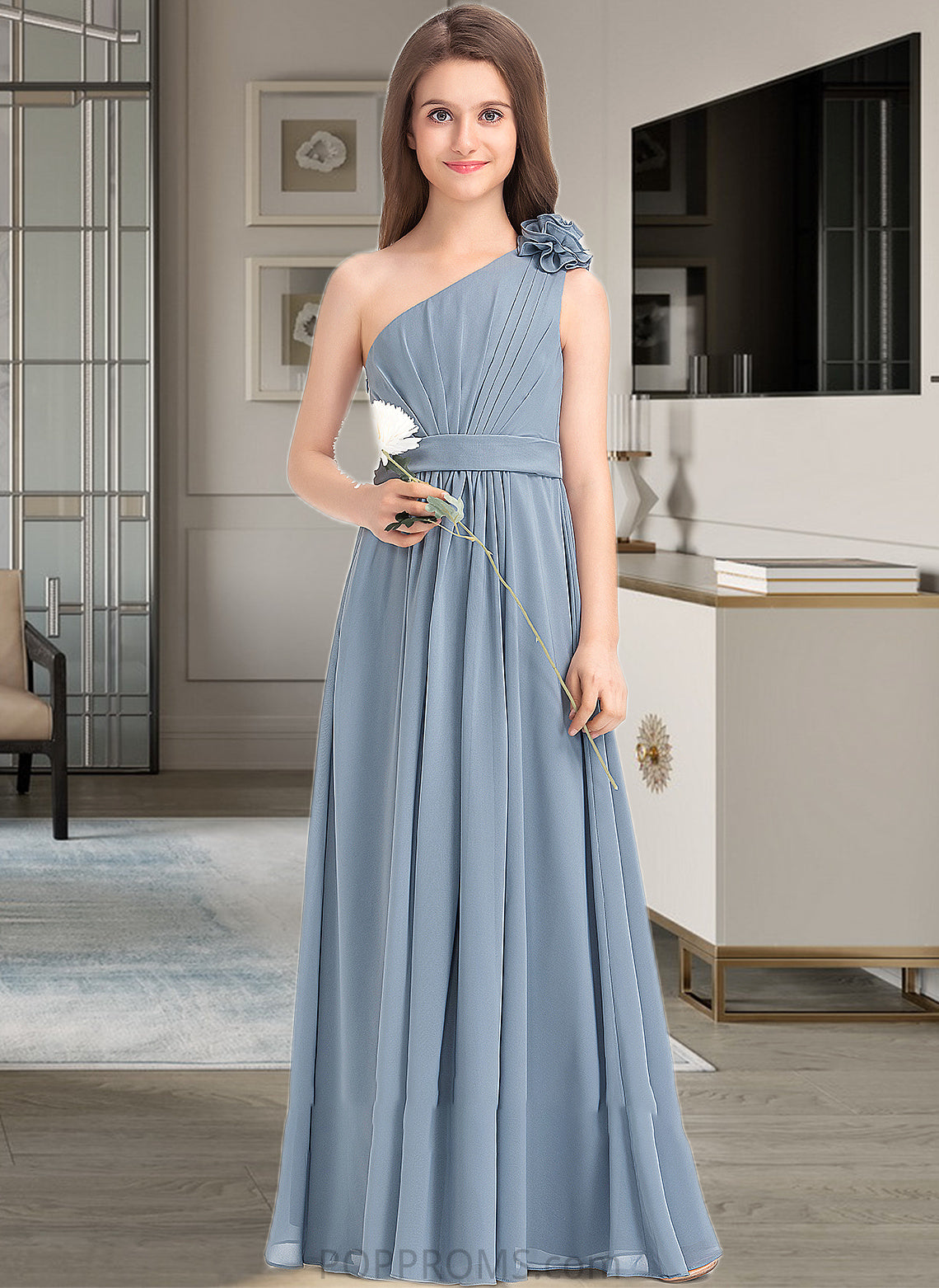 Chasity A-Line One-Shoulder Floor-Length Chiffon Junior Bridesmaid Dress With Ruffle Flower(s) PP6P0013332