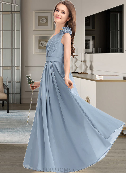 Chasity A-Line One-Shoulder Floor-Length Chiffon Junior Bridesmaid Dress With Ruffle Flower(s) PP6P0013332