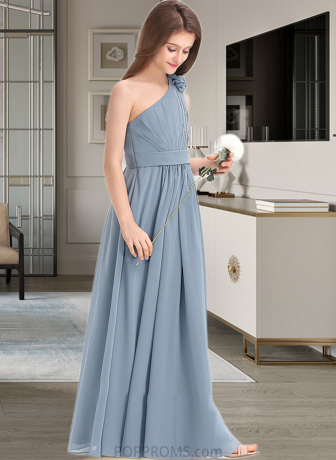 Chasity A-Line One-Shoulder Floor-Length Chiffon Junior Bridesmaid Dress With Ruffle Flower(s) PP6P0013332