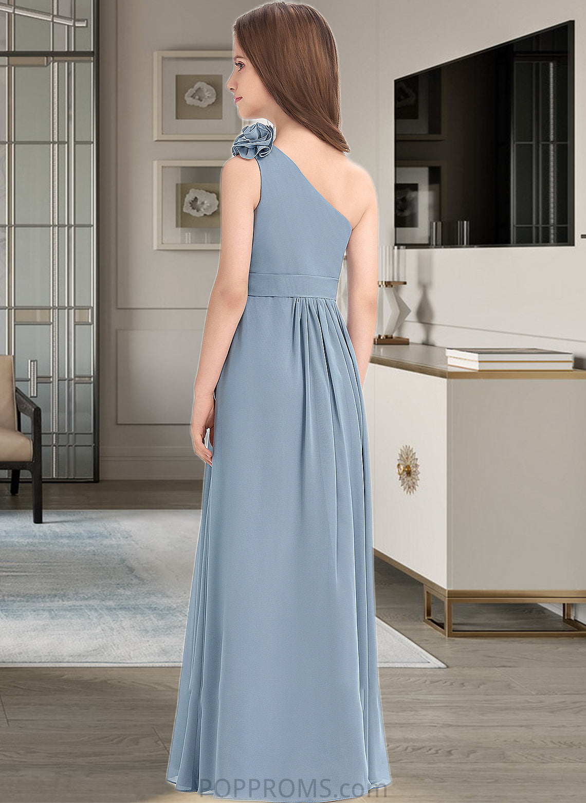 Chasity A-Line One-Shoulder Floor-Length Chiffon Junior Bridesmaid Dress With Ruffle Flower(s) PP6P0013332