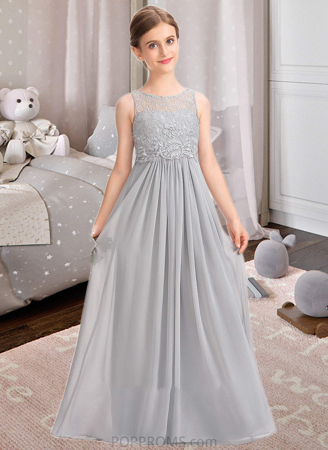 Asia A-Line Scoop Neck Floor-Length Chiffon Lace Junior Bridesmaid Dress PP6P0013333