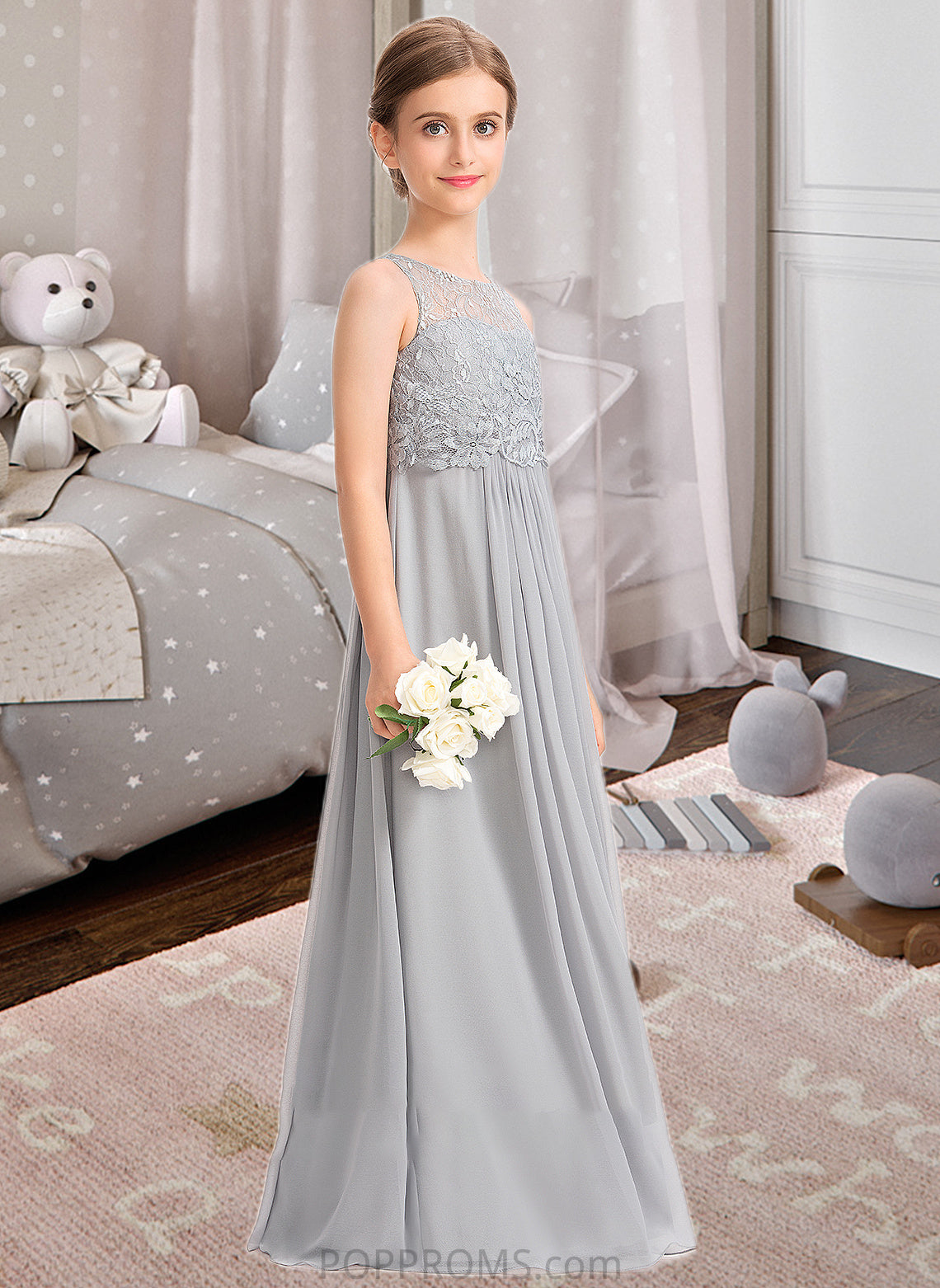 Asia A-Line Scoop Neck Floor-Length Chiffon Lace Junior Bridesmaid Dress PP6P0013333