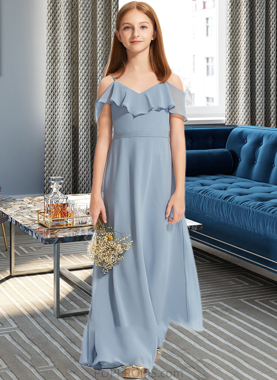 Dakota A-Line Off-the-Shoulder Floor-Length Chiffon Junior Bridesmaid Dress With Ruffles PP6P0013334