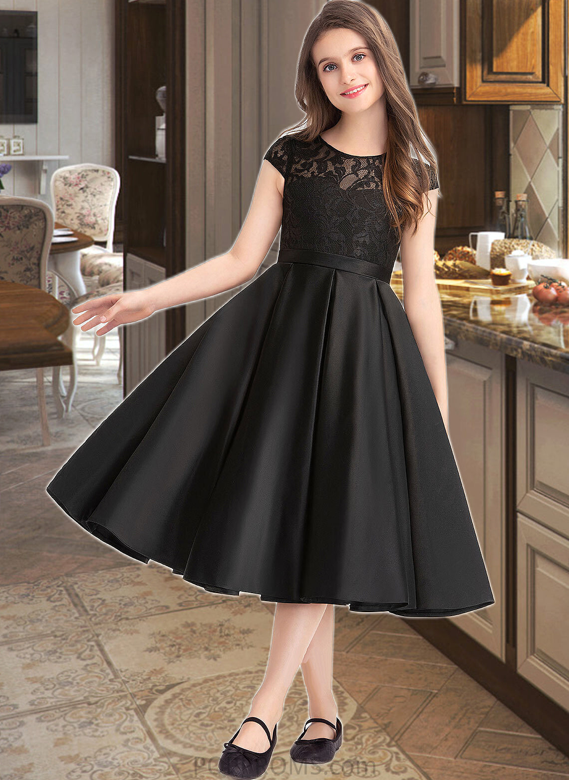 Leslie A-Line Scoop Neck Knee-Length Satin Lace Junior Bridesmaid Dress With Pockets PP6P0013335