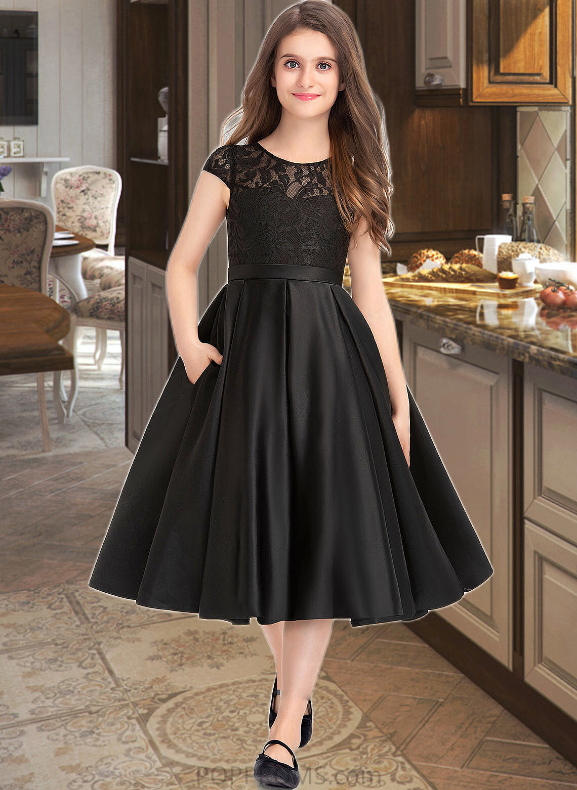 Leslie A-Line Scoop Neck Knee-Length Satin Lace Junior Bridesmaid Dress With Pockets PP6P0013335