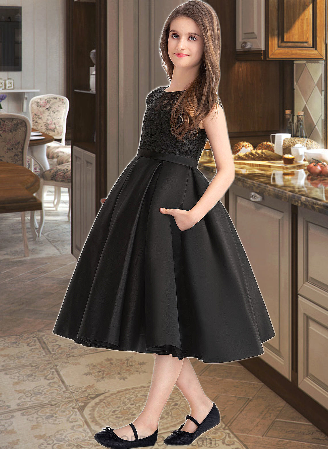 Leslie A-Line Scoop Neck Knee-Length Satin Lace Junior Bridesmaid Dress With Pockets PP6P0013335