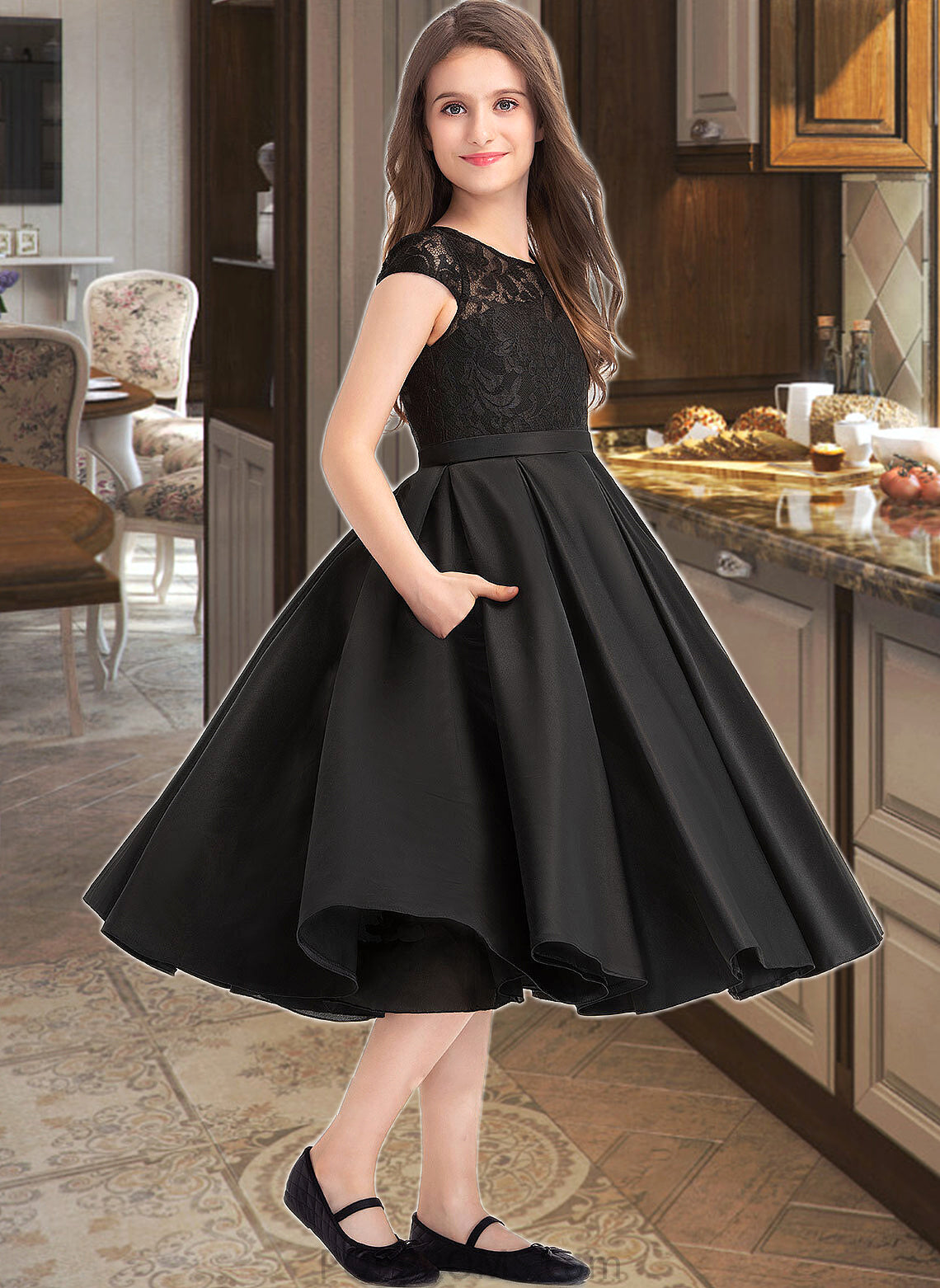 Leslie A-Line Scoop Neck Knee-Length Satin Lace Junior Bridesmaid Dress With Pockets PP6P0013335