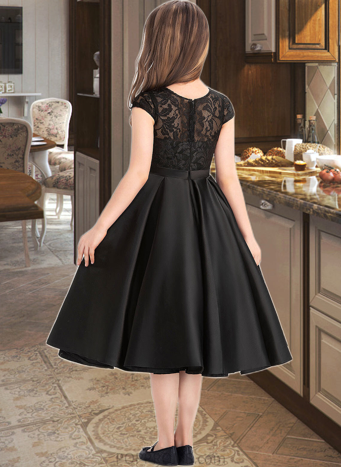 Leslie A-Line Scoop Neck Knee-Length Satin Lace Junior Bridesmaid Dress With Pockets PP6P0013335