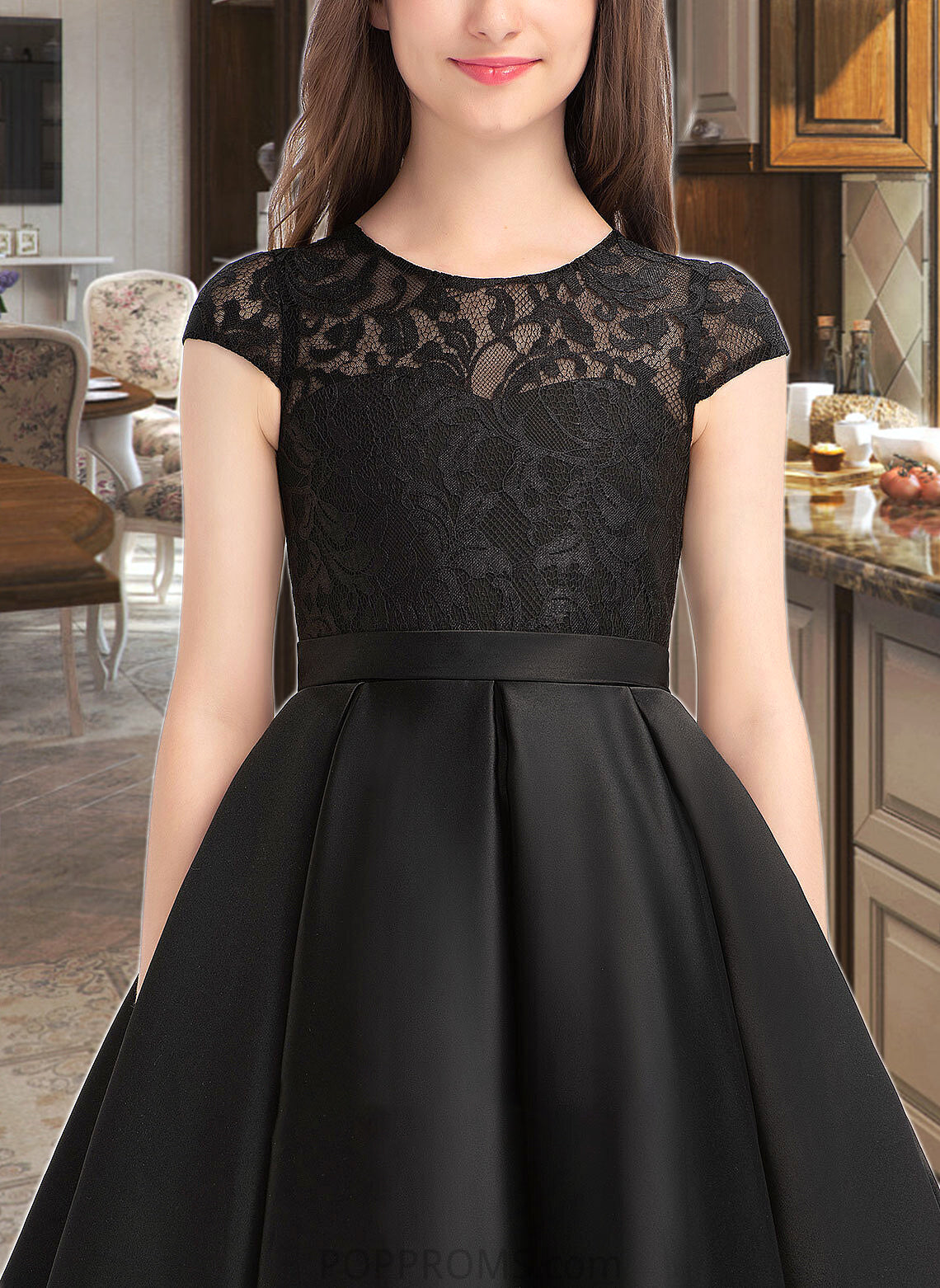 Leslie A-Line Scoop Neck Knee-Length Satin Lace Junior Bridesmaid Dress With Pockets PP6P0013335