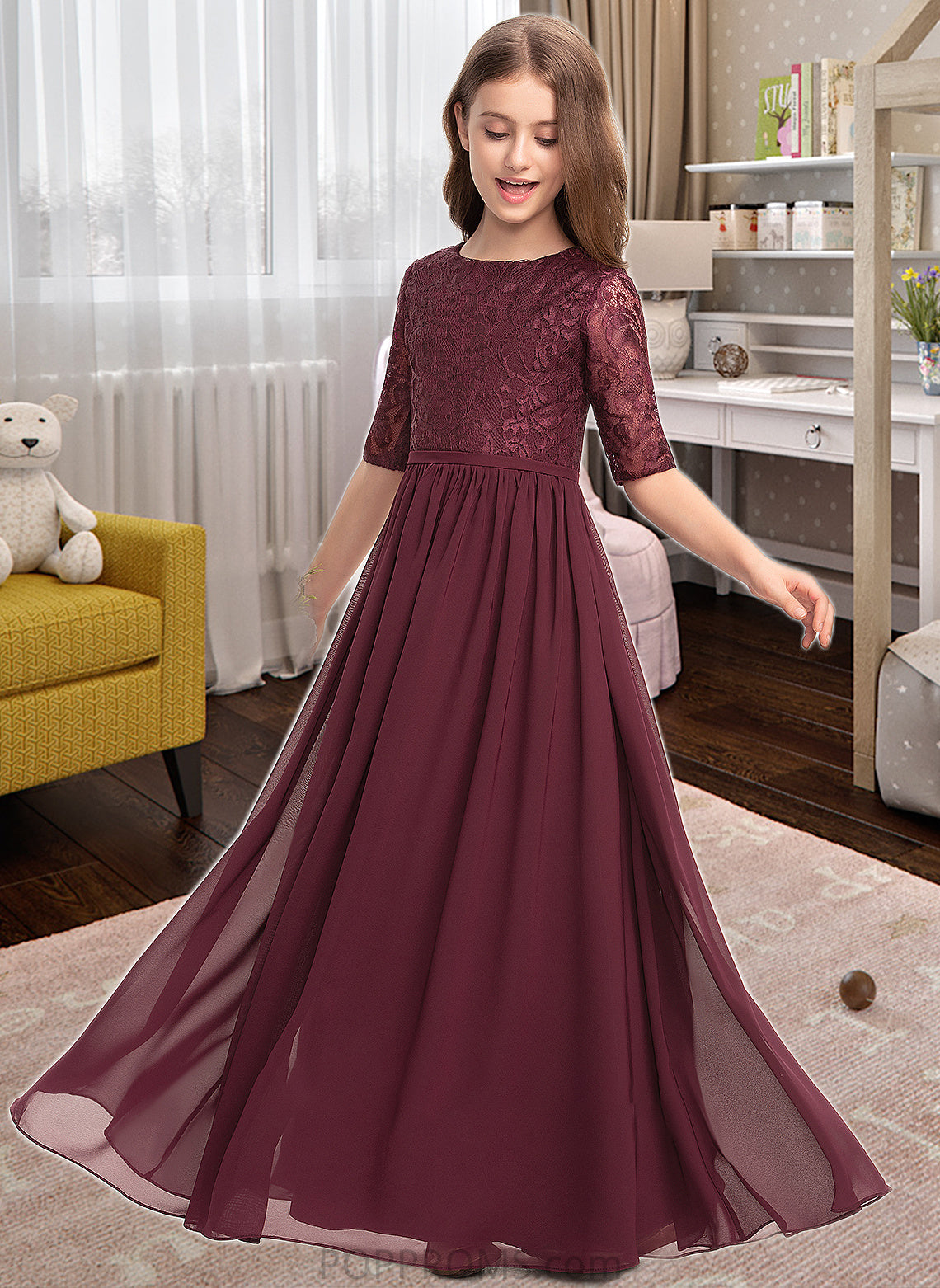 Sadie A-Line Scoop Neck Floor-Length Chiffon Lace Junior Bridesmaid Dress PP6P0013336