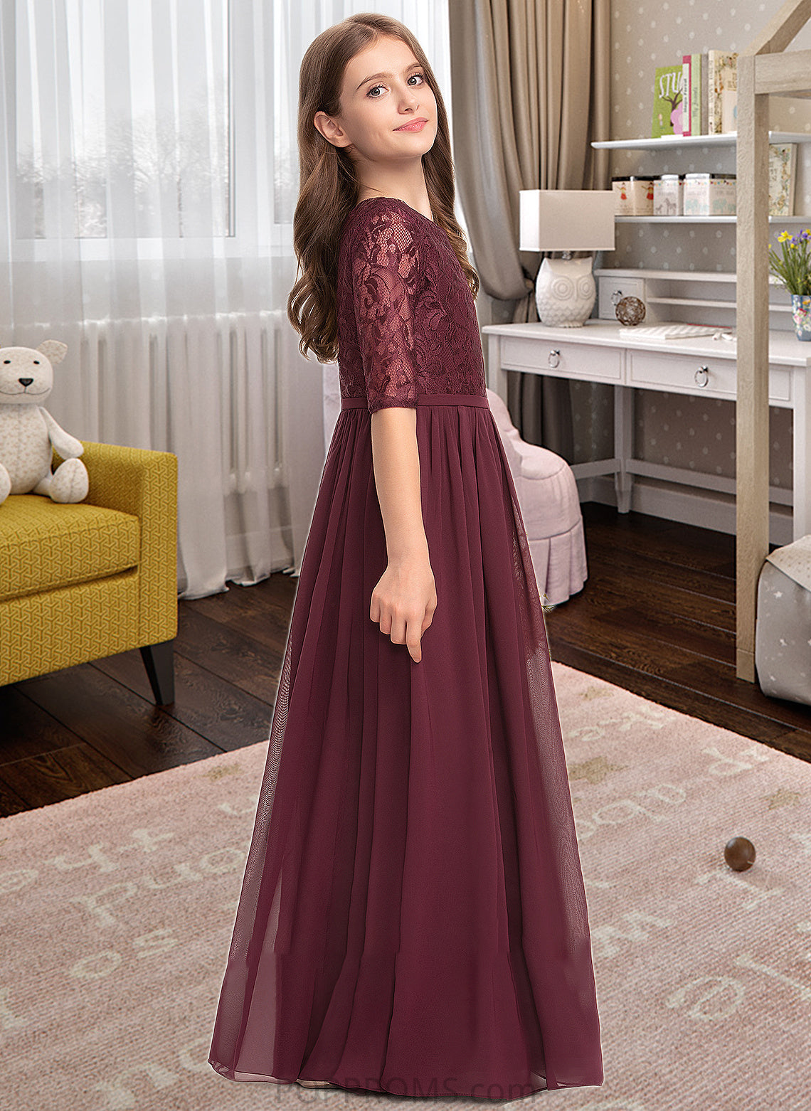 Sadie A-Line Scoop Neck Floor-Length Chiffon Lace Junior Bridesmaid Dress PP6P0013336