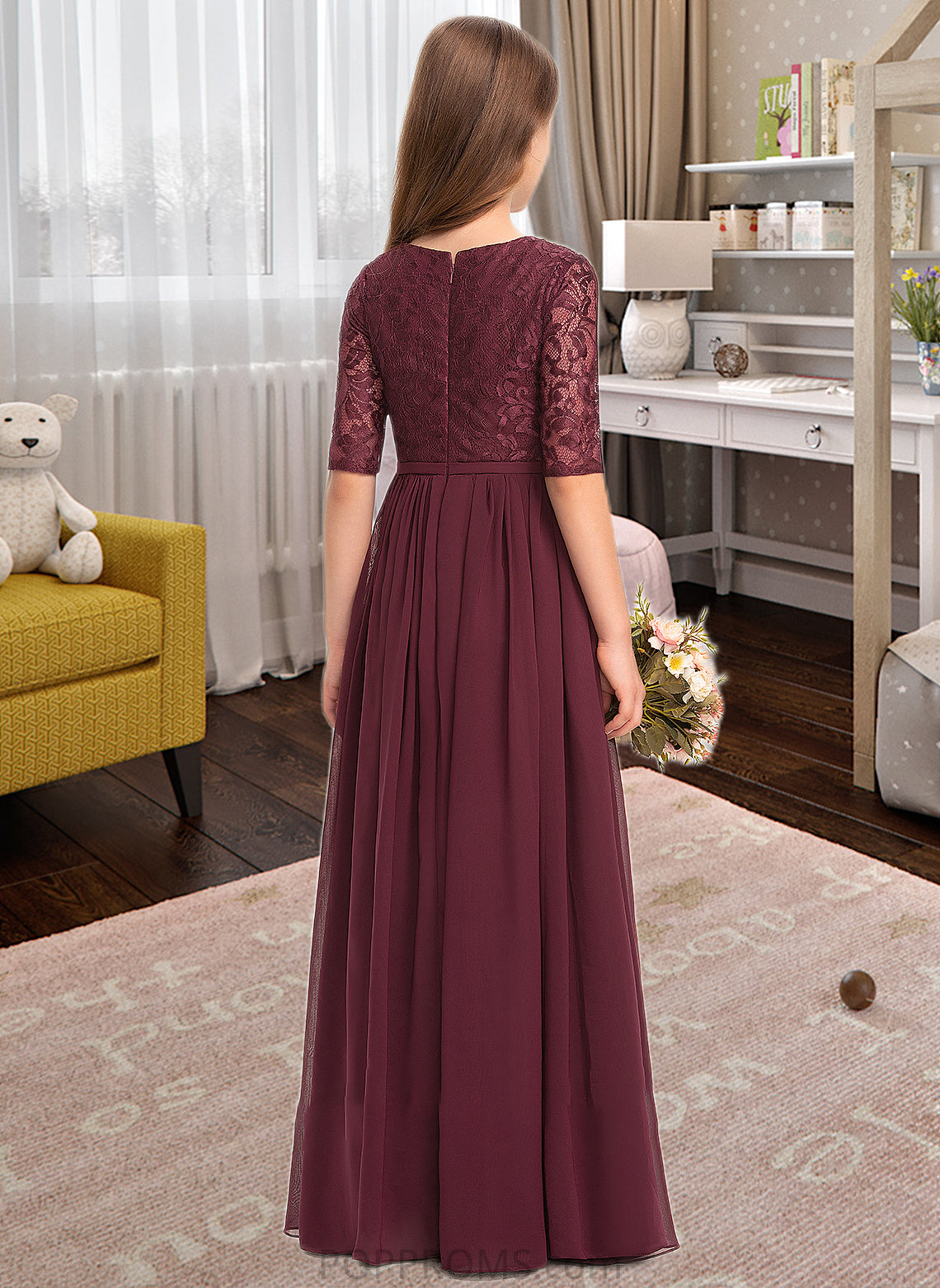 Sadie A-Line Scoop Neck Floor-Length Chiffon Lace Junior Bridesmaid Dress PP6P0013336