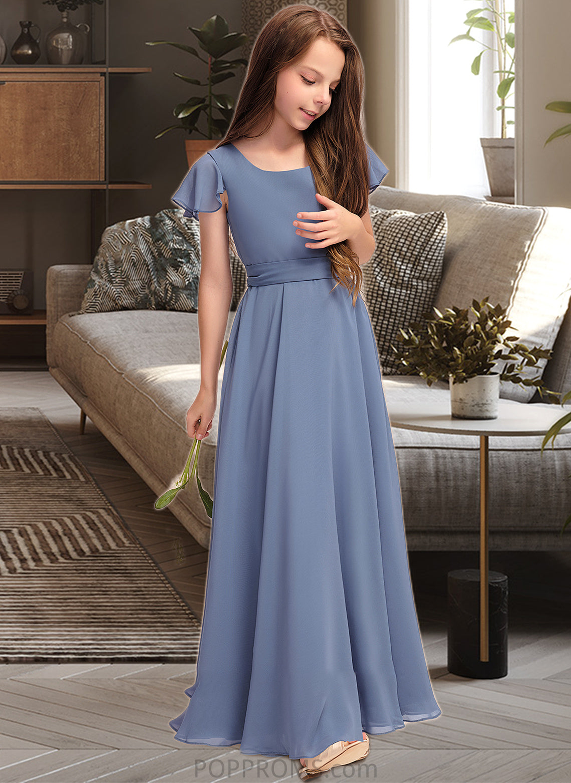 Hayden A-Line Scoop Neck Floor-Length Chiffon Junior Bridesmaid Dress With Bow(s) PP6P0013337