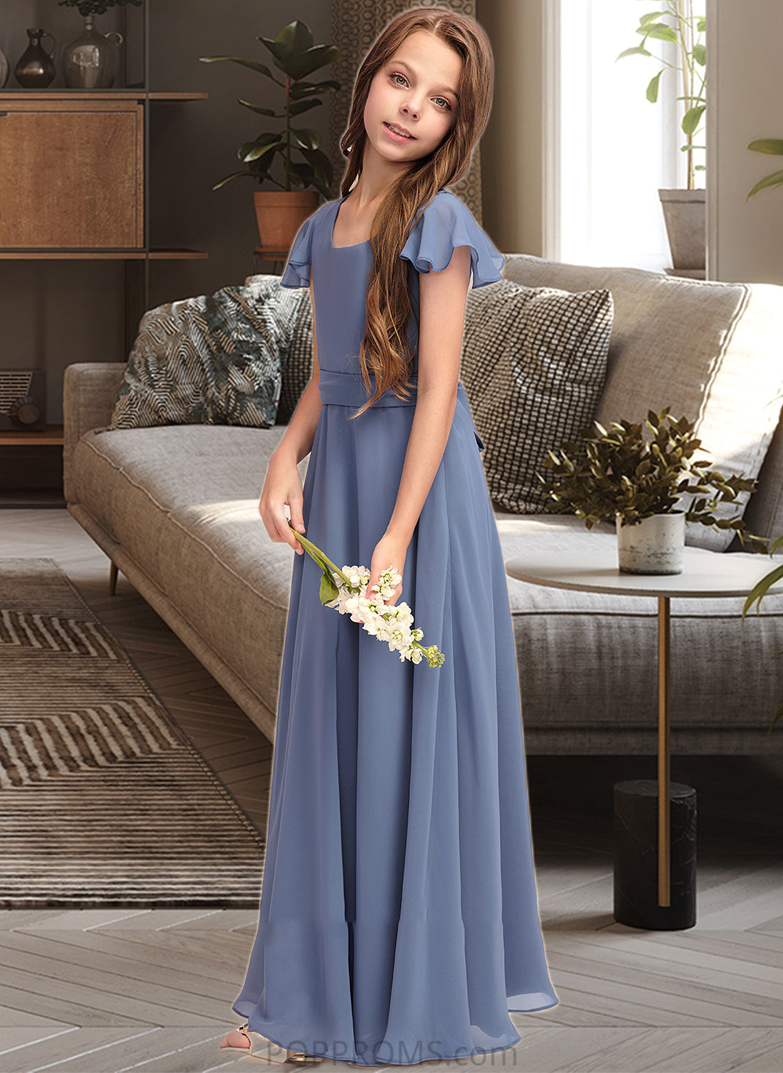 Hayden A-Line Scoop Neck Floor-Length Chiffon Junior Bridesmaid Dress With Bow(s) PP6P0013337