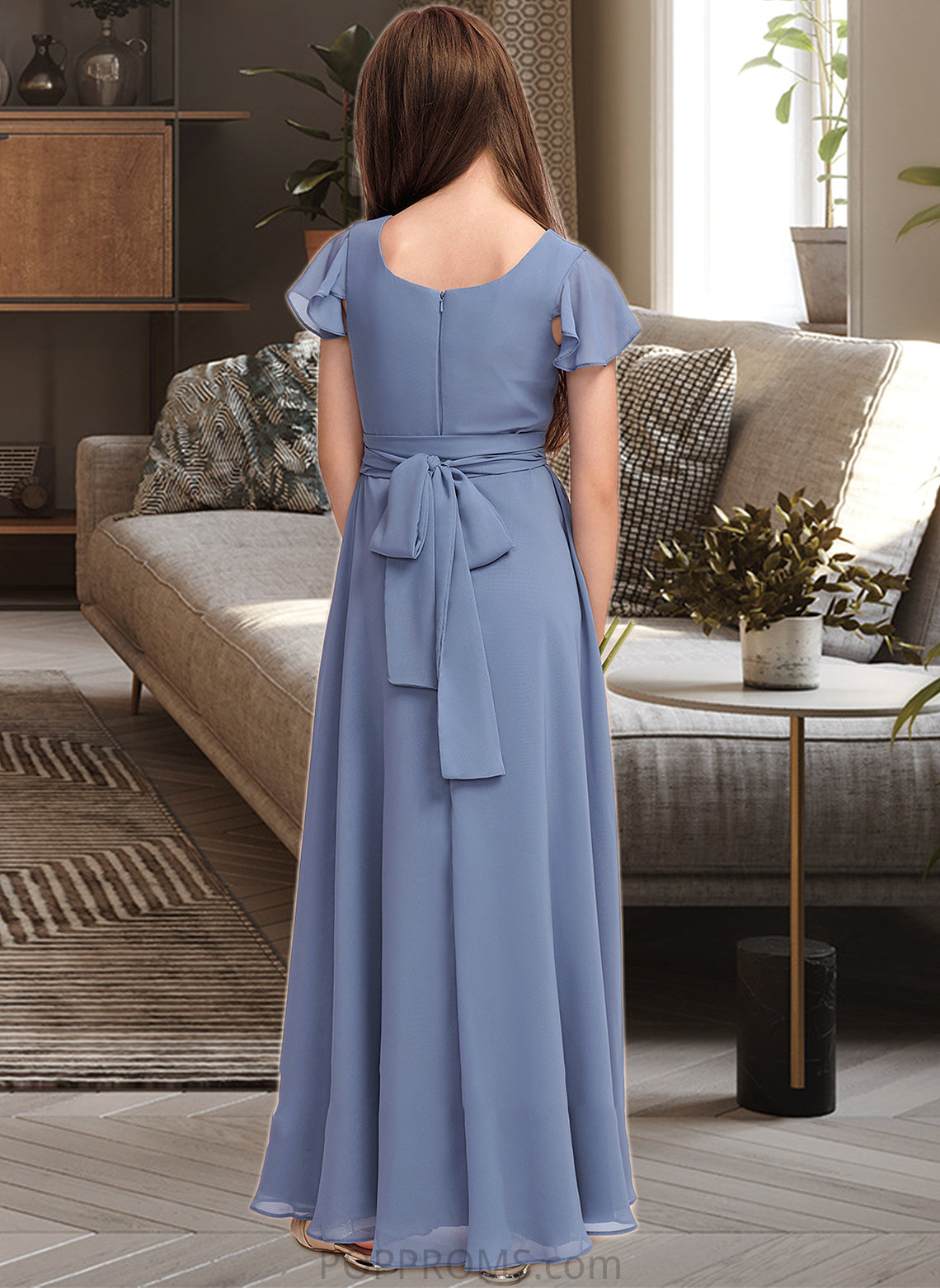 Hayden A-Line Scoop Neck Floor-Length Chiffon Junior Bridesmaid Dress With Bow(s) PP6P0013337