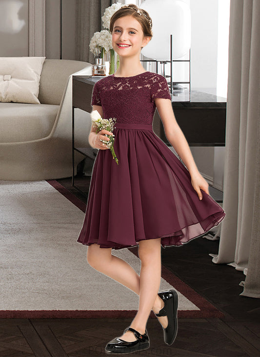 Maggie A-Line Scoop Neck Knee-Length Chiffon Lace Junior Bridesmaid Dress With Bow(s) PP6P0013339