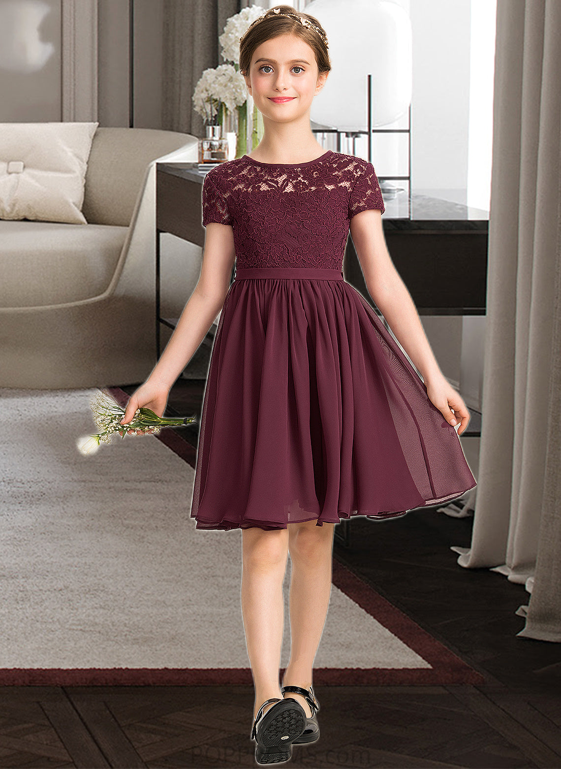 Maggie A-Line Scoop Neck Knee-Length Chiffon Lace Junior Bridesmaid Dress With Bow(s) PP6P0013339