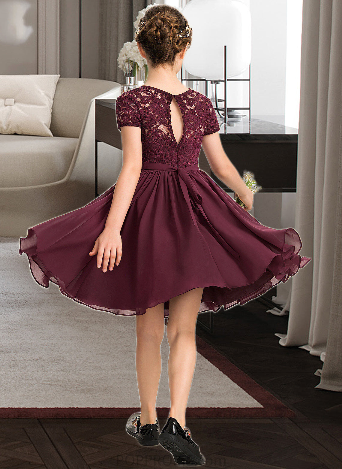 Maggie A-Line Scoop Neck Knee-Length Chiffon Lace Junior Bridesmaid Dress With Bow(s) PP6P0013339