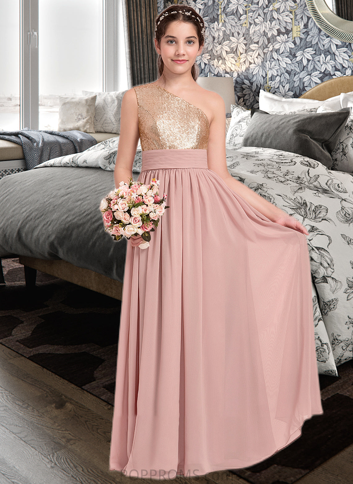 Diana A-Line One-Shoulder Floor-Length Chiffon Junior Bridesmaid Dress With Ruffle PP6P0013340