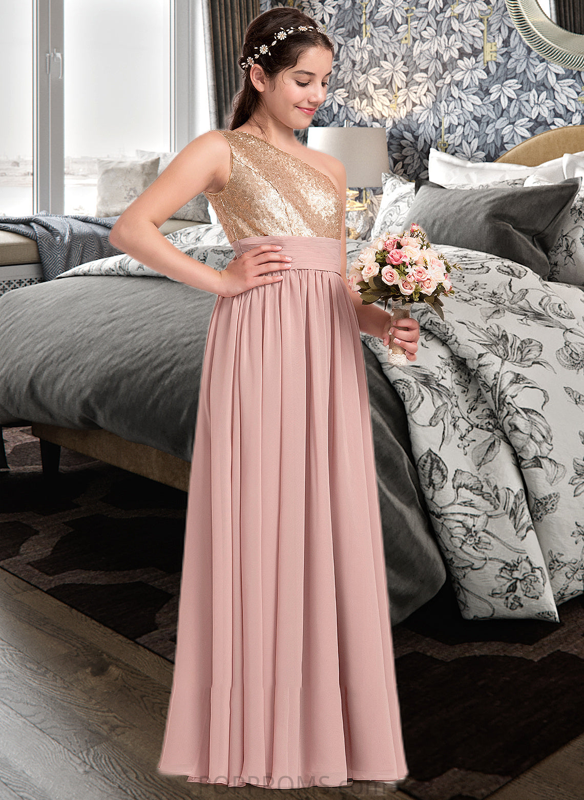 Diana A-Line One-Shoulder Floor-Length Chiffon Junior Bridesmaid Dress With Ruffle PP6P0013340