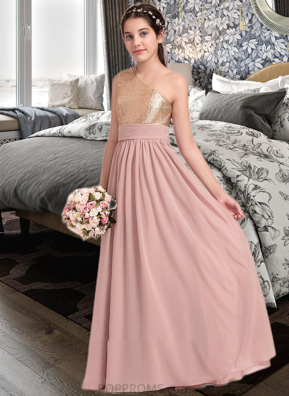 Diana A-Line One-Shoulder Floor-Length Chiffon Junior Bridesmaid Dress With Ruffle PP6P0013340