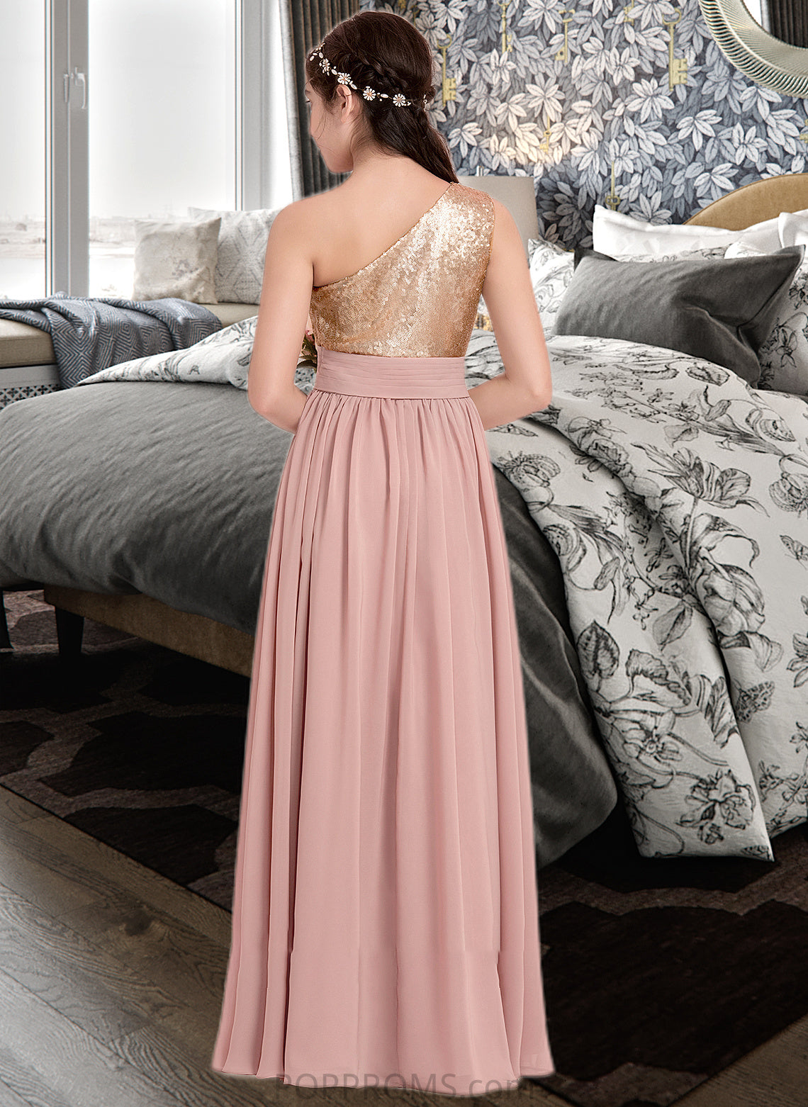 Diana A-Line One-Shoulder Floor-Length Chiffon Junior Bridesmaid Dress With Ruffle PP6P0013340