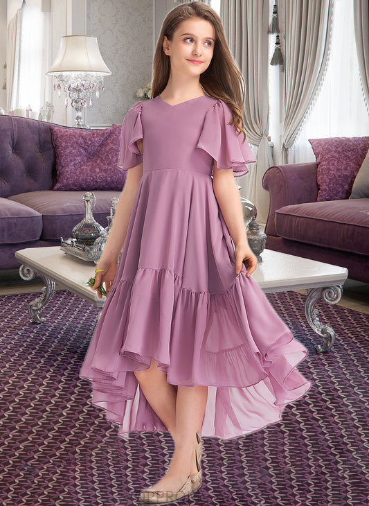 Marely A-Line V-neck Asymmetrical Chiffon Junior Bridesmaid Dress With Cascading Ruffles PP6P0013342