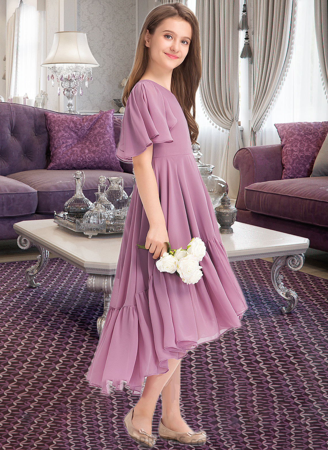 Marely A-Line V-neck Asymmetrical Chiffon Junior Bridesmaid Dress With Cascading Ruffles PP6P0013342