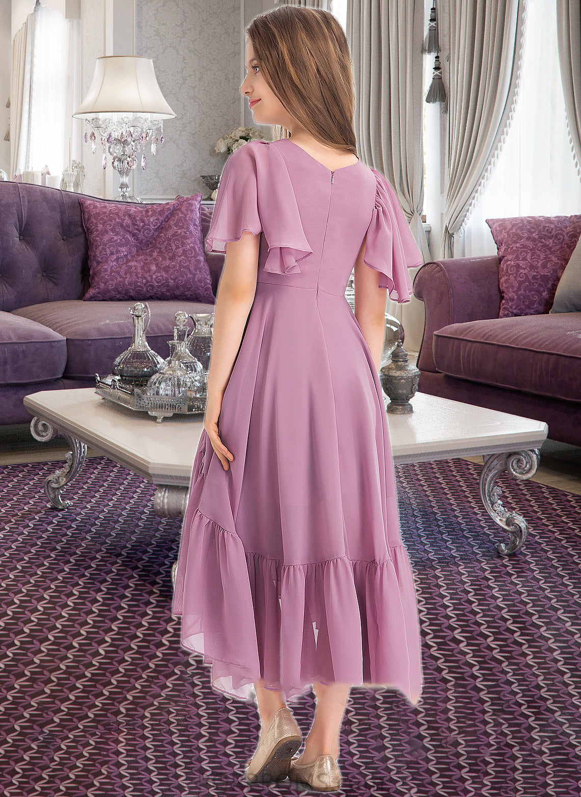 Marely A-Line V-neck Asymmetrical Chiffon Junior Bridesmaid Dress With Cascading Ruffles PP6P0013342