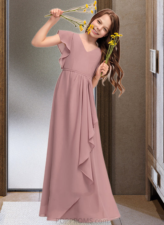 Kenna A-Line V-neck Floor-Length Chiffon Junior Bridesmaid Dress With Cascading Ruffles PP6P0013343