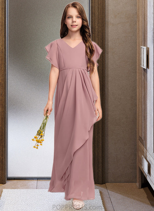 Kenna A-Line V-neck Floor-Length Chiffon Junior Bridesmaid Dress With Cascading Ruffles PP6P0013343