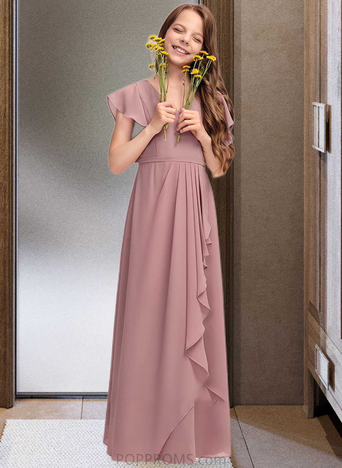 Kenna A-Line V-neck Floor-Length Chiffon Junior Bridesmaid Dress With Cascading Ruffles PP6P0013343