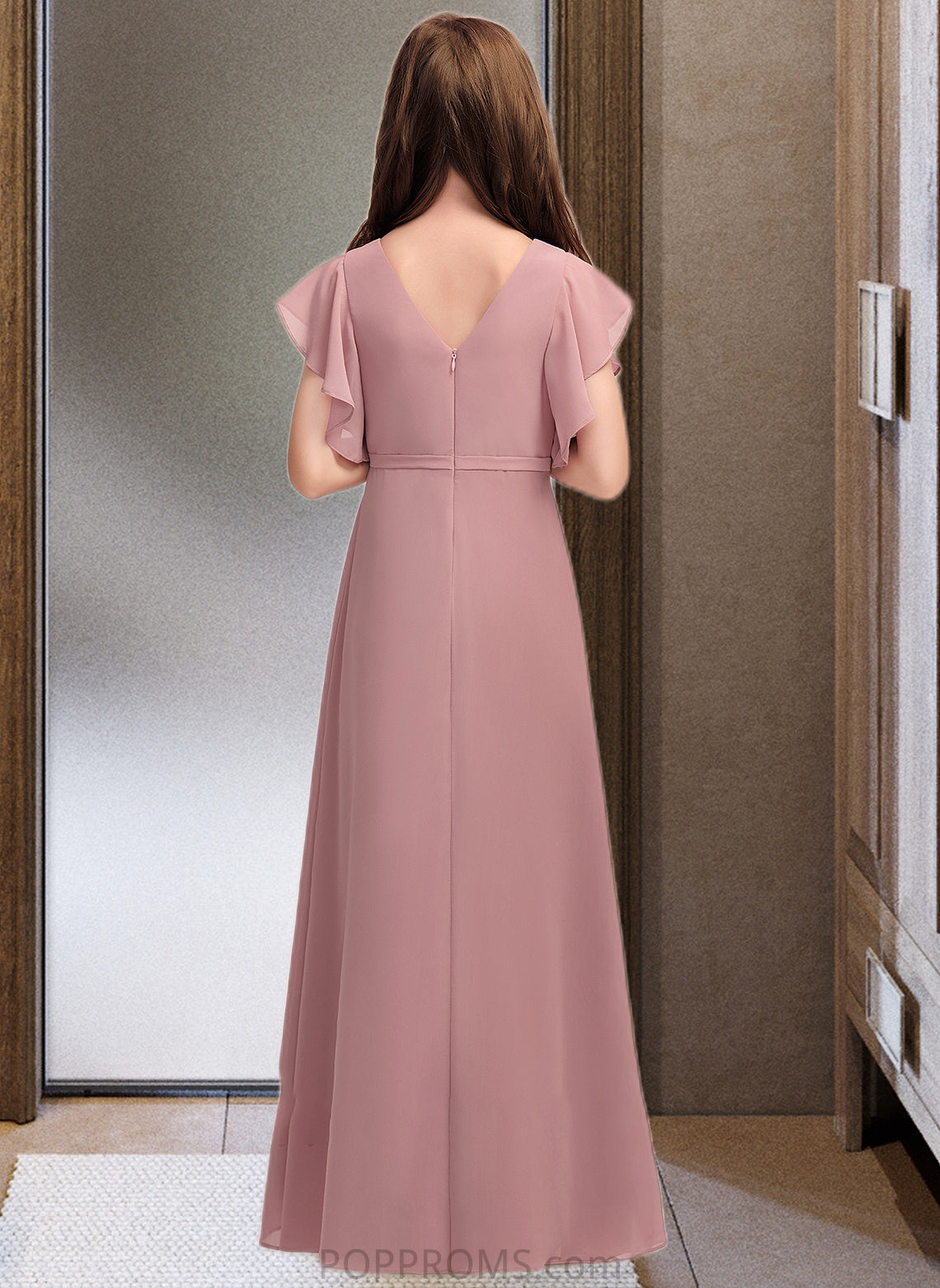 Kenna A-Line V-neck Floor-Length Chiffon Junior Bridesmaid Dress With Cascading Ruffles PP6P0013343