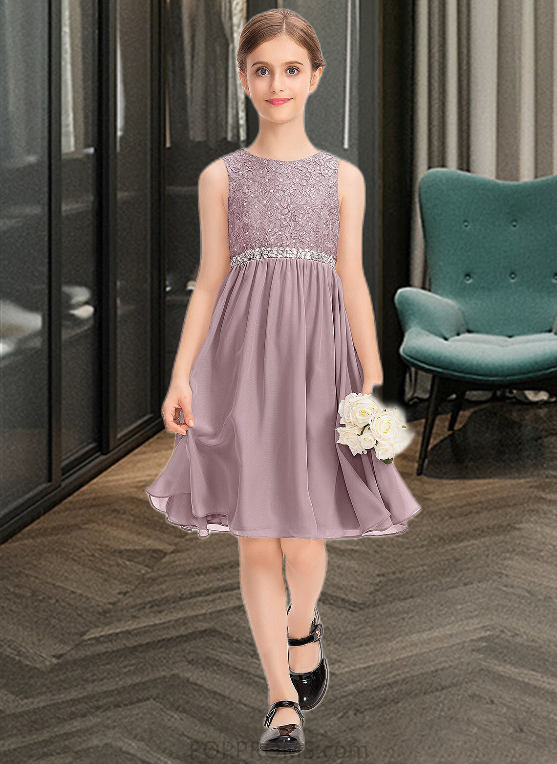 Isabella A-Line Scoop Neck Knee-Length Chiffon Lace Junior Bridesmaid Dress With Beading Bow(s) PP6P0013344