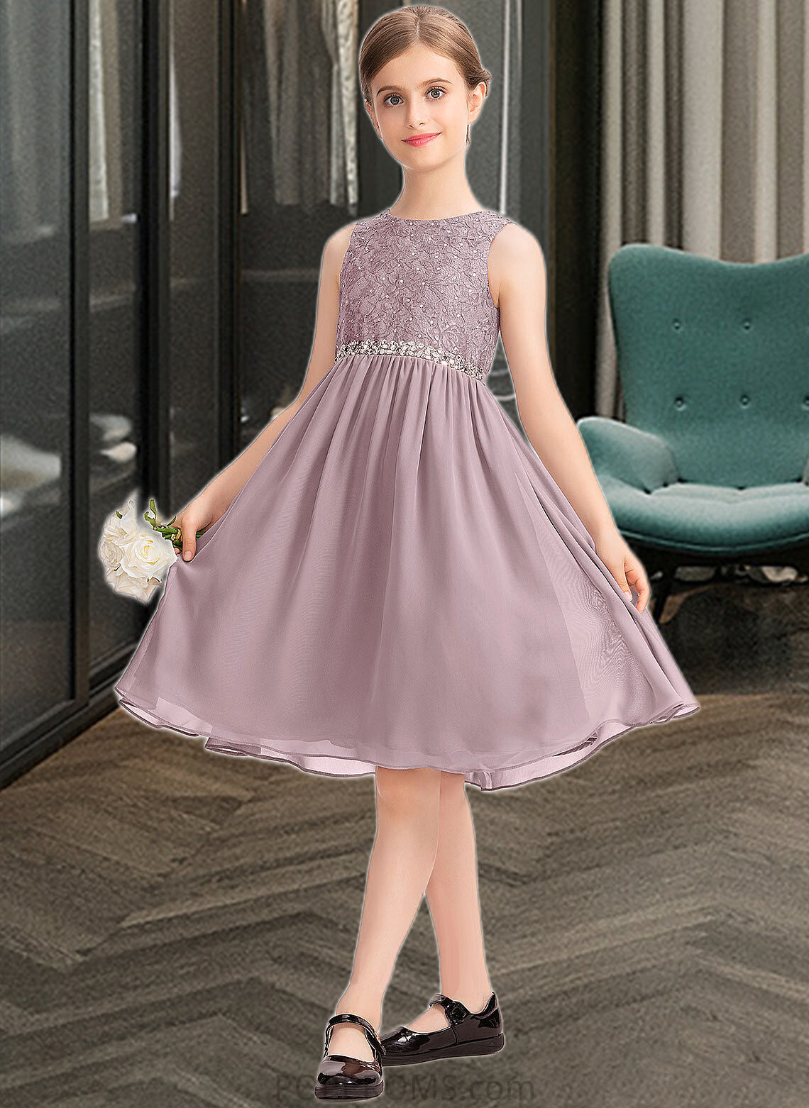 Isabella A-Line Scoop Neck Knee-Length Chiffon Lace Junior Bridesmaid Dress With Beading Bow(s) PP6P0013344