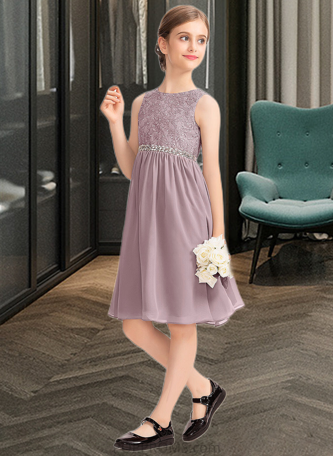 Isabella A-Line Scoop Neck Knee-Length Chiffon Lace Junior Bridesmaid Dress With Beading Bow(s) PP6P0013344