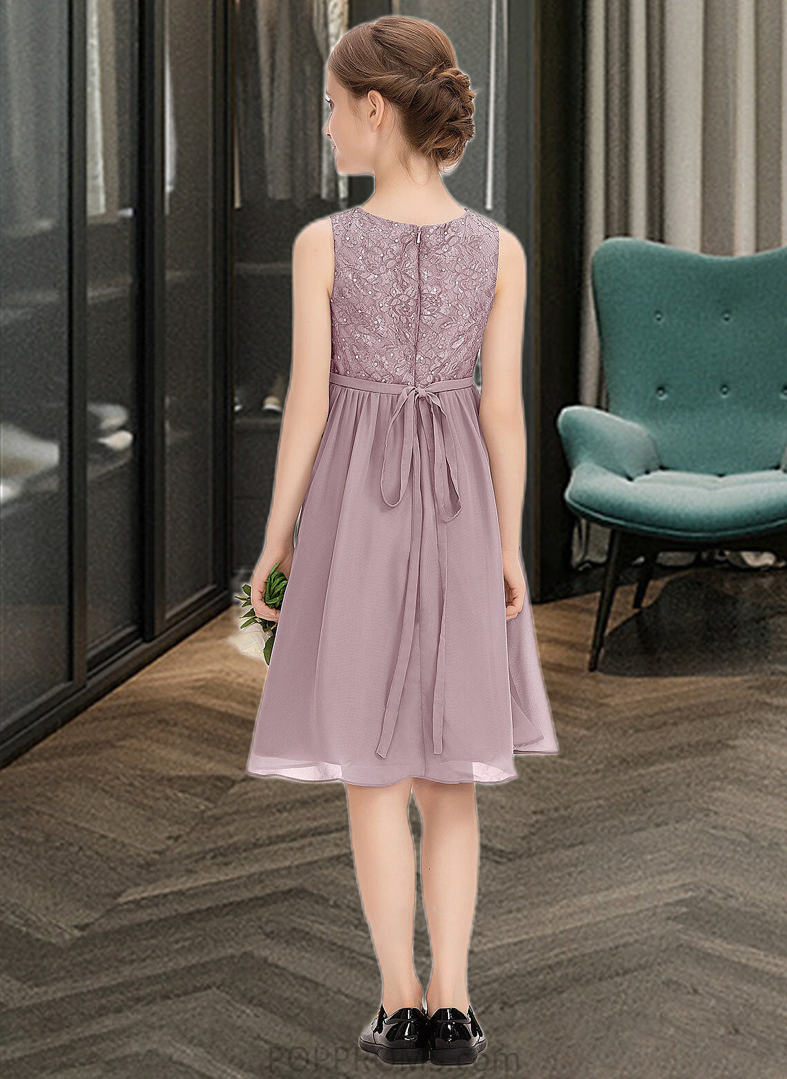 Isabella A-Line Scoop Neck Knee-Length Chiffon Lace Junior Bridesmaid Dress With Beading Bow(s) PP6P0013344