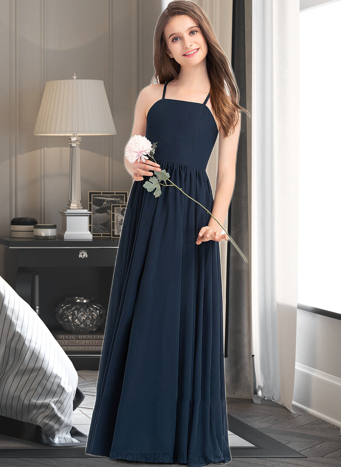 Vera A-Line Square Neckline Floor-Length Chiffon Junior Bridesmaid Dress With Bow(s) PP6P0013345