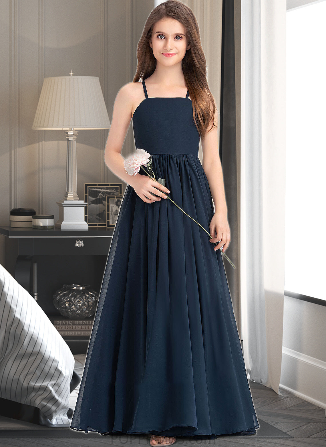 Vera A-Line Square Neckline Floor-Length Chiffon Junior Bridesmaid Dress With Bow(s) PP6P0013345