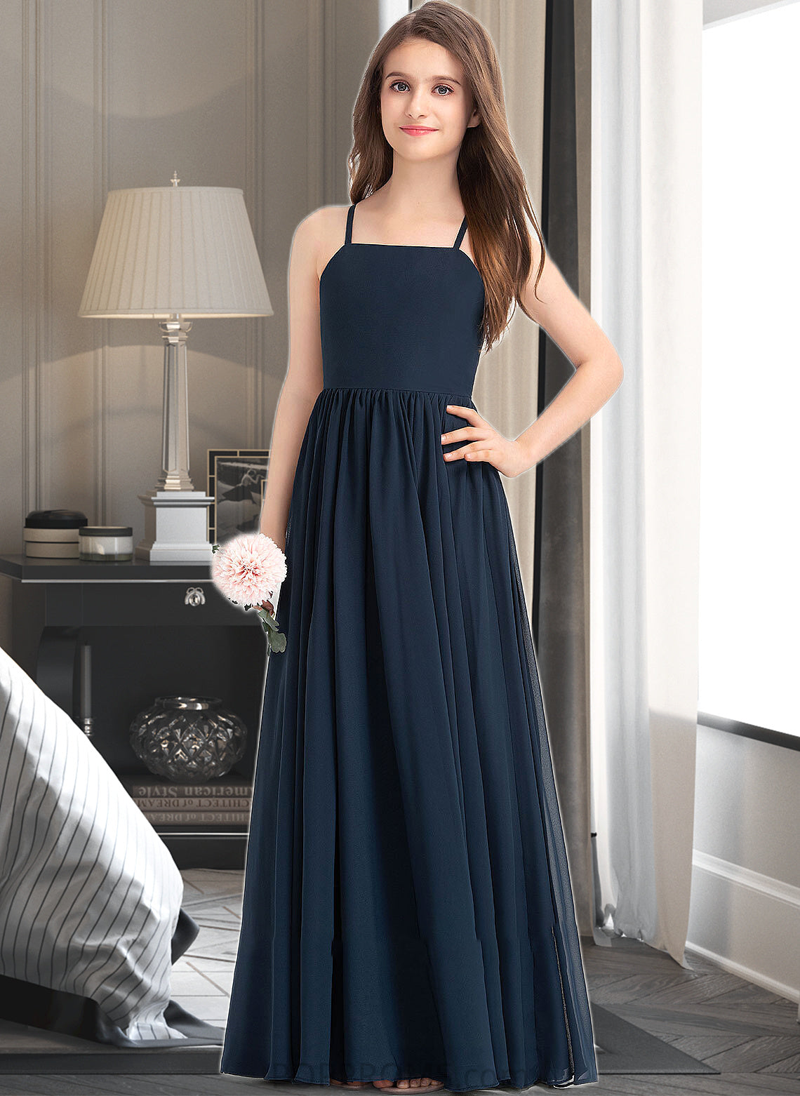 Vera A-Line Square Neckline Floor-Length Chiffon Junior Bridesmaid Dress With Bow(s) PP6P0013345