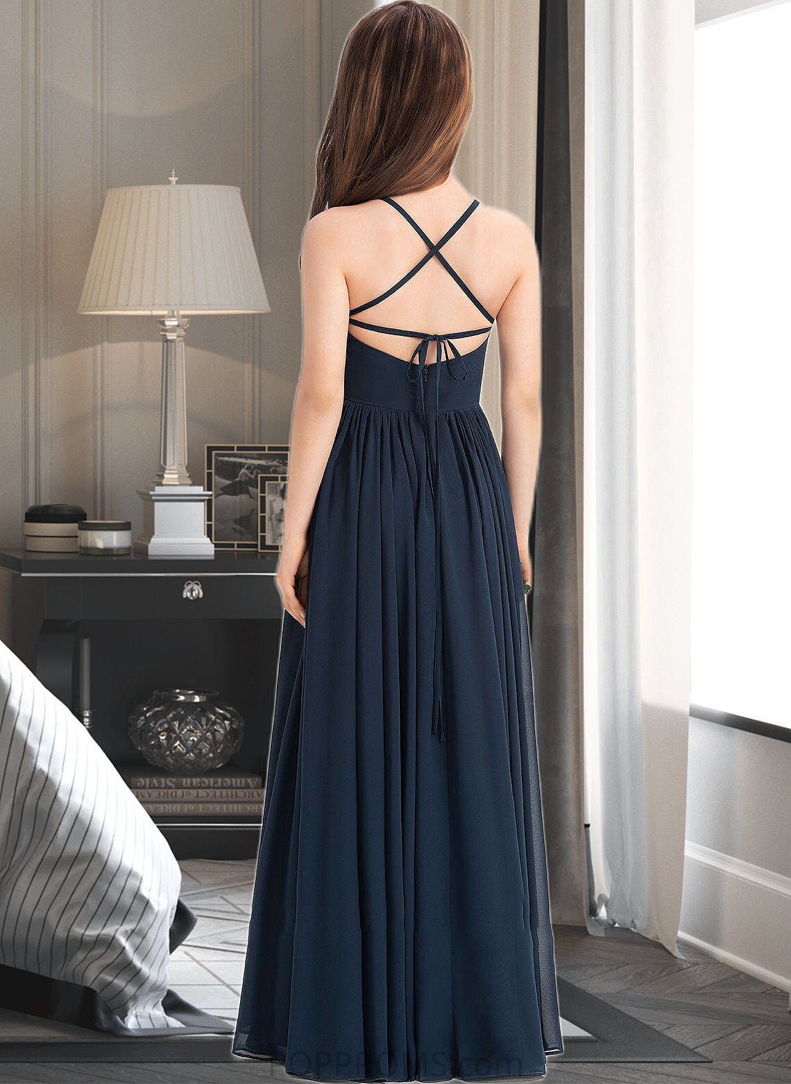 Vera A-Line Square Neckline Floor-Length Chiffon Junior Bridesmaid Dress With Bow(s) PP6P0013345