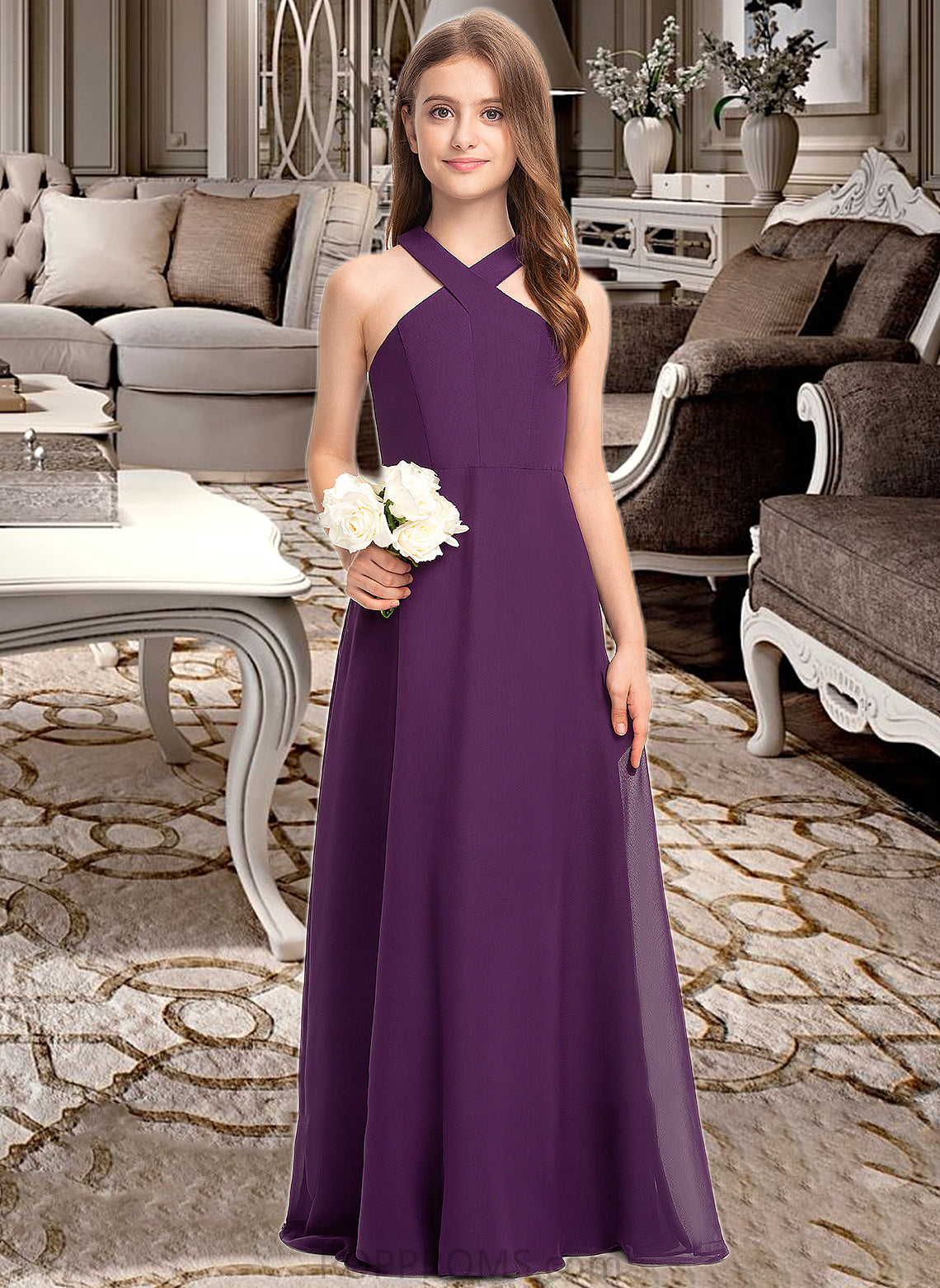 Matilda A-Line V-neck Floor-Length Chiffon Junior Bridesmaid Dress PP6P0013346