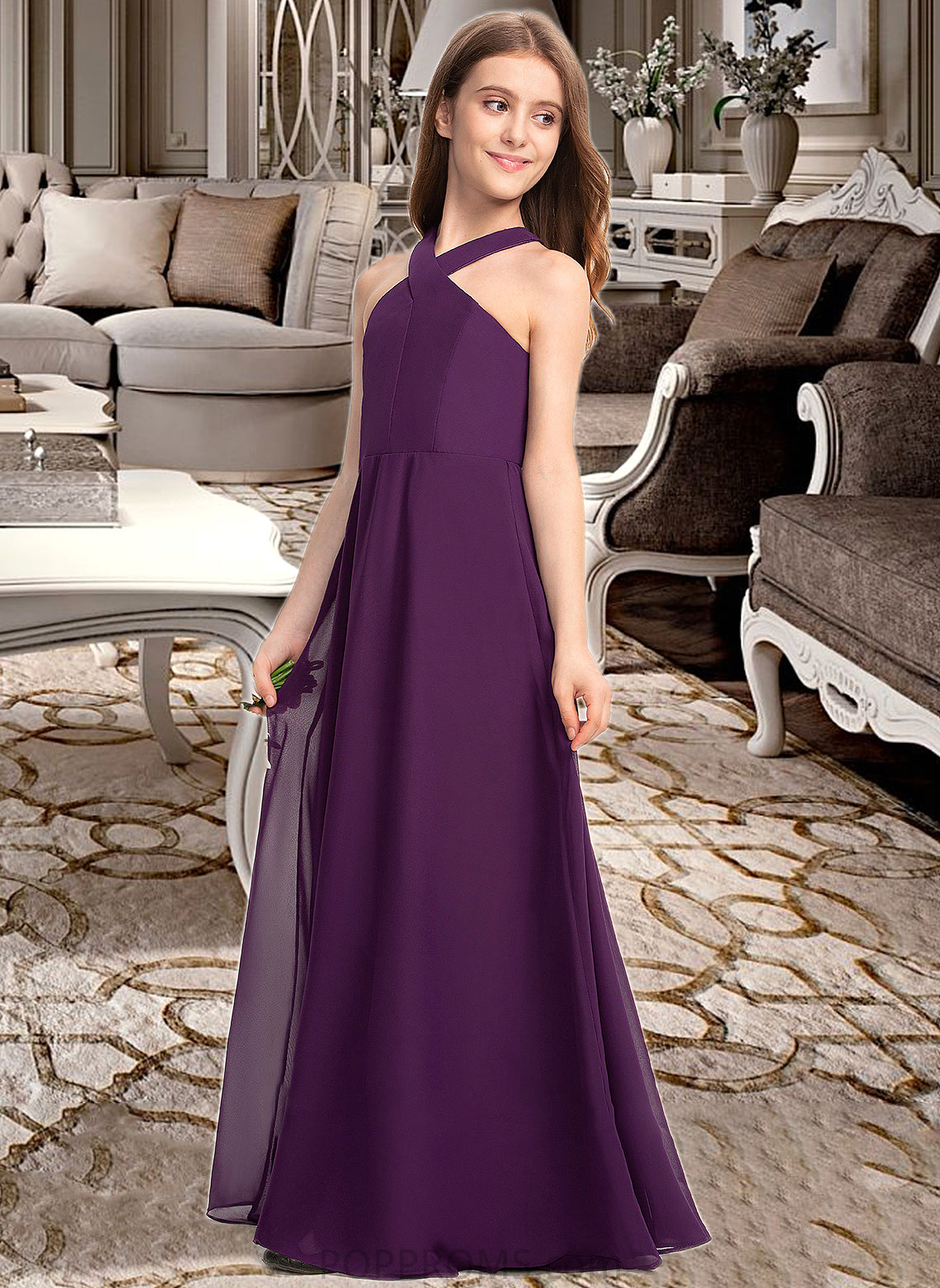 Matilda A-Line V-neck Floor-Length Chiffon Junior Bridesmaid Dress PP6P0013346