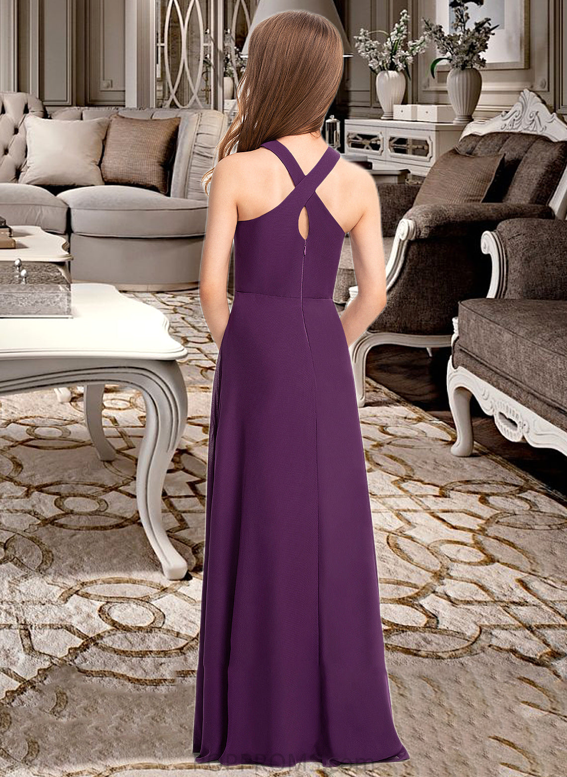 Matilda A-Line V-neck Floor-Length Chiffon Junior Bridesmaid Dress PP6P0013346