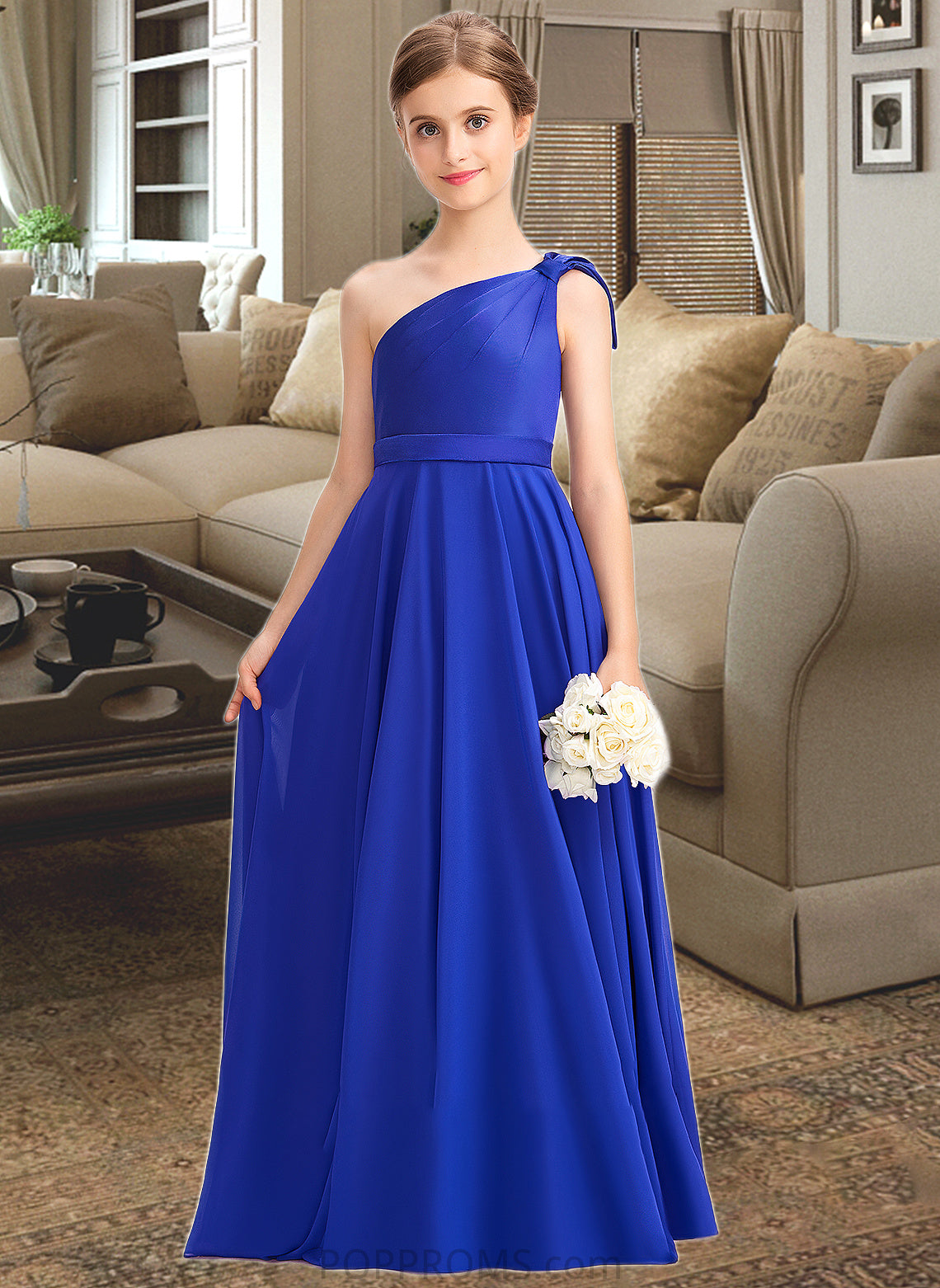 Mariah A-Line One-Shoulder Floor-Length Chiffon Charmeuse Junior Bridesmaid Dress With Ruffle PP6P0013347