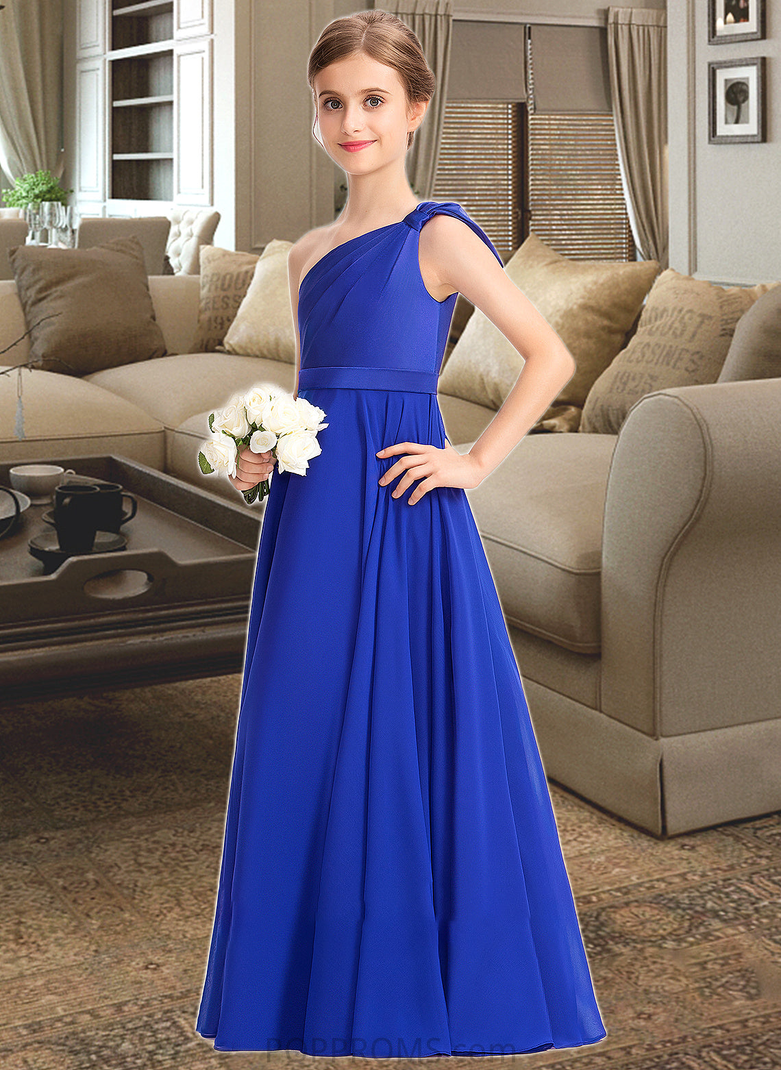 Mariah A-Line One-Shoulder Floor-Length Chiffon Charmeuse Junior Bridesmaid Dress With Ruffle PP6P0013347