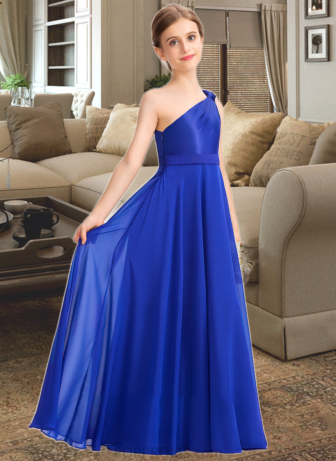 Mariah A-Line One-Shoulder Floor-Length Chiffon Charmeuse Junior Bridesmaid Dress With Ruffle PP6P0013347