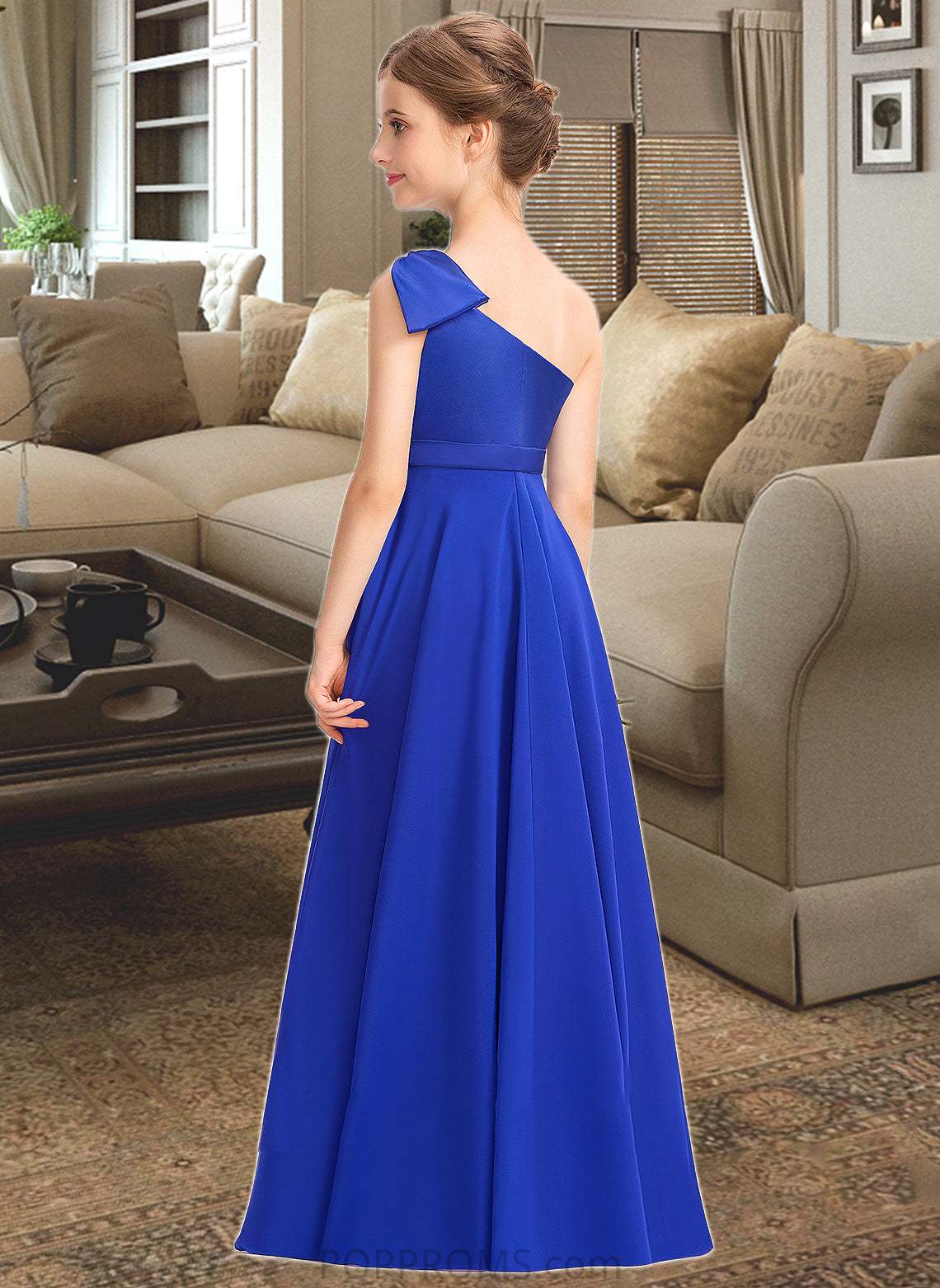 Mariah A-Line One-Shoulder Floor-Length Chiffon Charmeuse Junior Bridesmaid Dress With Ruffle PP6P0013347